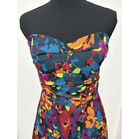 Forever 21 Strapless Floral Dress Women’s XS Blue Orange Purple Fit Flare Party - Picture 5 of 8